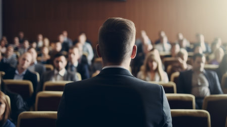Young speaker speaks at a business conference or event, meeting room, meeting room. Generative AIの素材