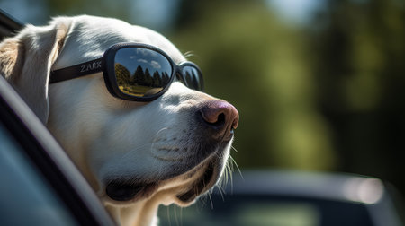 A dog in sunglasses sits in a car, sunny day. Generative AIの素材