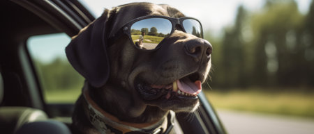 A dog in sunglasses sits in a car, sunny day. Generative AIの素材