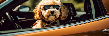 A dog in sunglasses sits in a car, sunny day. Generative AIの素材