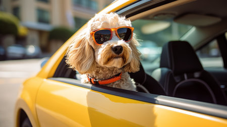 A dog in sunglasses sits in a car, sunny day. Generative AIの素材