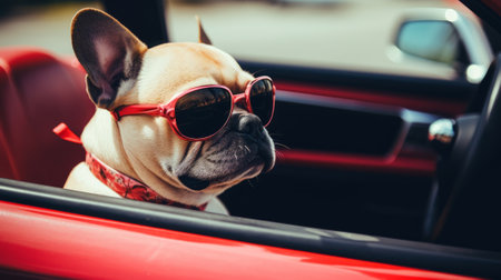 A dog in sunglasses sits in a car, sunny day. Generative AIの素材