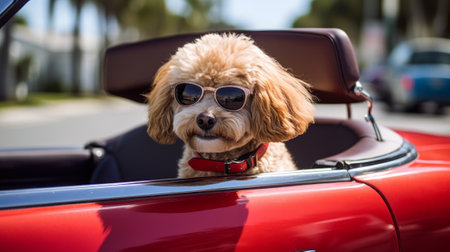 A dog in sunglasses sits in a car, sunny day. Generative AIの素材