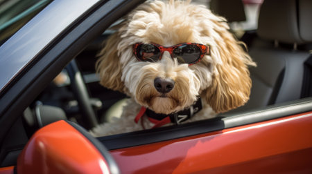 A dog in sunglasses sits in a car, sunny day. Generative AIの素材