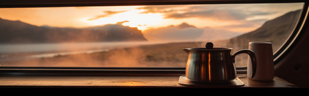 A cup of steaming coffee on the windowsill. Outside the window there is a beautiful view of the sunrise. Generative AIの素材