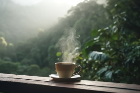 A cup of coffee placed on a wooden table with a view of the jungle. Generative AIの素材