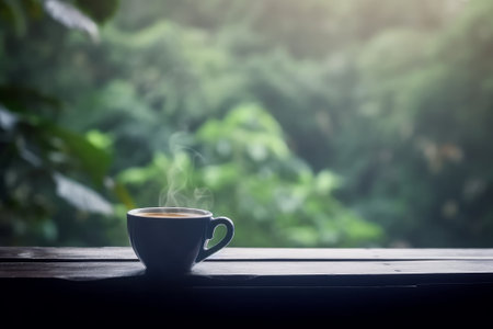 A cup of coffee placed on a wooden table with a view of the jungle. Generative AIの素材