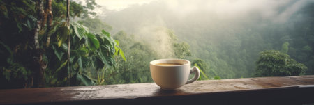A cup of coffee placed on a wooden table with a view of the jungle. Generative AIの素材