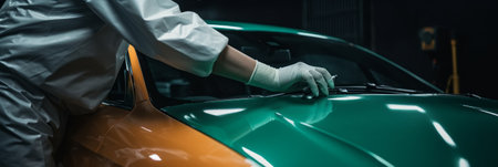 A man polishes a car. Concept of manual labor, craftsmanship or industry. Generative AIの素材