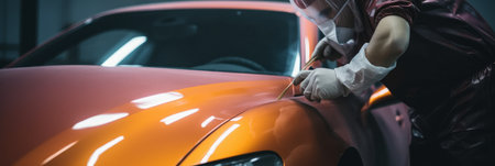 A man polishes a car. Concept of manual labor, craftsmanship or industry. Generative AIの素材