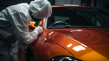 A man polishes a car. Concept of manual labor, craftsmanship or industry. Generative AIの素材