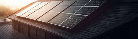 Black solar panels are installed on a house on a clear sunny day. Power and efficiency of solar energy. modern design. Concepts of renewable energy sources. Generative AIの素材