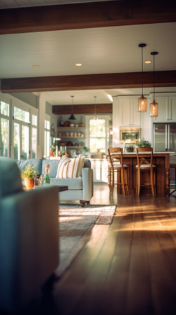A blurred image of a farmhouse-style kitchen, a sense of depth and atmosphere. Generative AIの素材