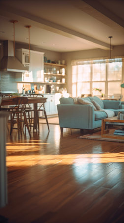 A blurred image of a farmhouse-style kitchen, a sense of depth and atmosphere. Generative AIの素材
