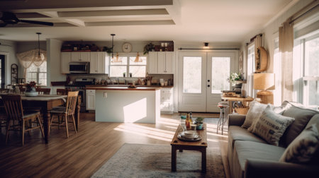A blurred image of a farmhouse-style kitchen, a sense of depth and atmosphere. Generative AIの素材