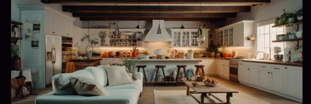A blurred image of a farmhouse-style kitchen, a sense of depth and atmosphere. Generative AIの素材