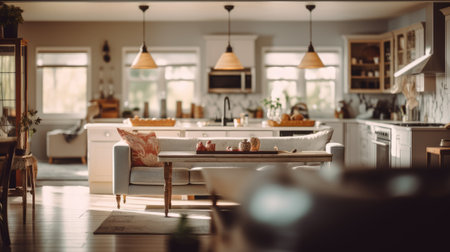 A blurred image of a farmhouse-style kitchen, a sense of depth and atmosphere. Generative AIの素材