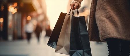 The girl holds packages in her hands. Blurred background. Place for text. Generative AIの素材