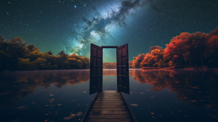 Serene lake with an open door in the center, the concept of a path to a dream or new opportunities. Generative AIの素材