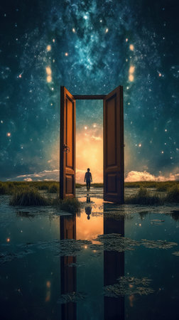 Serene lake with an open door in the center, the concept of a path to a dream or new opportunities. Generative AIの素材