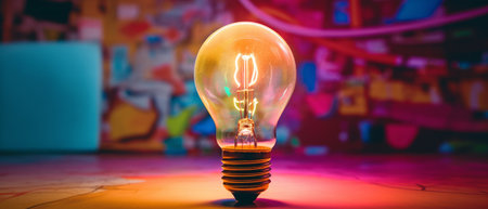 Light bulb shines on a bright and colorful background. Generative AIの素材