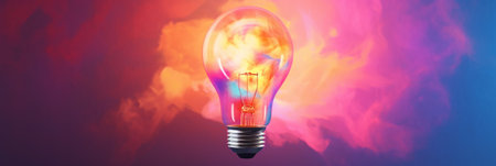 Light bulb shines on a bright and colorful background. Generative AIの素材