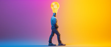 Light bulb and a person walking on a bright colorful background. Concept of original thinking. Generative AIの素材