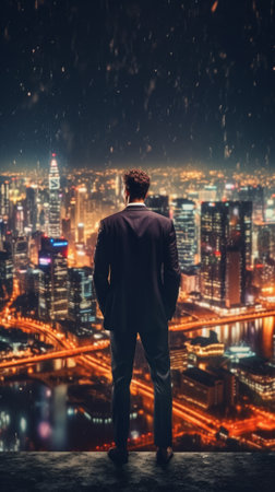 Young and successful businessman looks at the city's night skyline, full of ambition and determination. Generative AIの素材