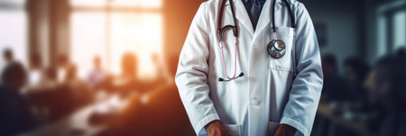 Doctor standing on blurred medical background. Generative AIの素材