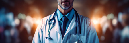 Doctor standing on blurred medical background. Generative AIの素材