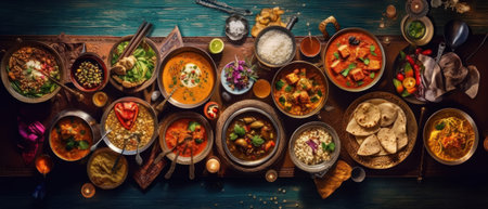 Top view of a colorful assortment of Indian food beautifully arranged on a table. The rich flavors and vibrant culinary culture of India. Generative AIの素材