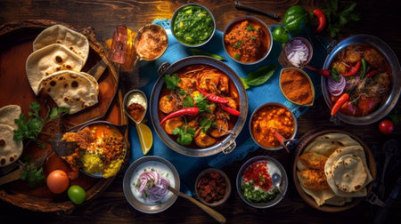 Top view of a colorful assortment of Indian food beautifully arranged on a table. The rich flavors and vibrant culinary culture of India. Generative AIの素材