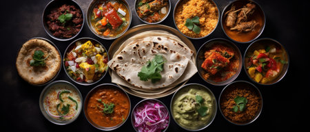 Top view of a colorful assortment of Indian food beautifully arranged on a table. The rich flavors and vibrant culinary culture of India. Generative AIの素材