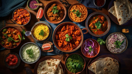 Top view of a colorful assortment of Indian food beautifully arranged on a table. The rich flavors and vibrant culinary culture of India. Generative AIの素材
