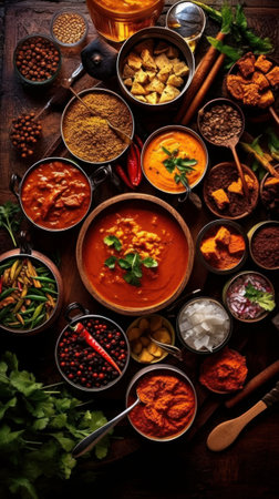 Top view of a colorful assortment of Indian food beautifully arranged on a table. The rich flavors and vibrant culinary culture of India. Generative AIの素材