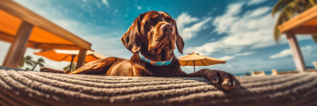 The dog enjoys a summer vacation at a seaside resort, resting on a sunny beach. Generative AIの素材