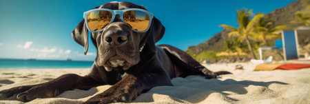 The dog enjoys a summer vacation at a seaside resort, resting on a sunny beach. Generative AIの素材