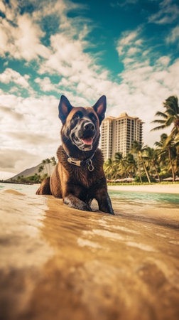 The dog enjoys a summer vacation at a seaside resort, resting on a sunny beach. Generative AIの素材