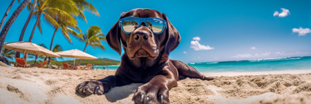 The dog enjoys a summer vacation at a seaside resort, resting on a sunny beach. Generative AIの素材
