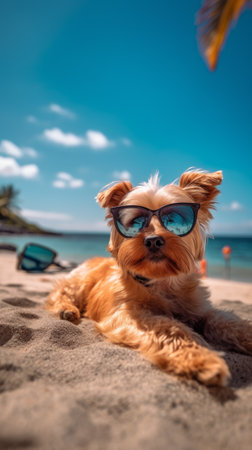 The dog enjoys a summer vacation at a seaside resort, resting on a sunny beach. Generative AIの素材