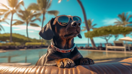 The dog enjoys a summer vacation at a seaside resort, resting on a sunny beach. Generative AIの素材