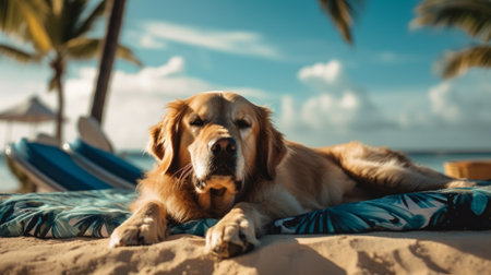 The dog enjoys a summer vacation at a seaside resort, resting on a sunny beach. Generative AIの素材