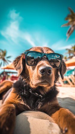 The dog enjoys a summer vacation at a seaside resort, resting on a sunny beach. Generative AIの素材
