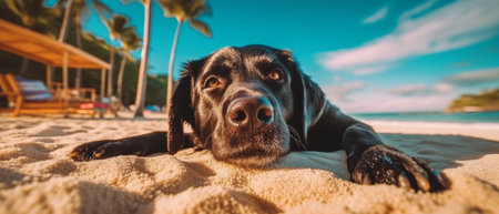 The dog enjoys a summer vacation at a seaside resort, resting on a sunny beach. Generative AIの素材