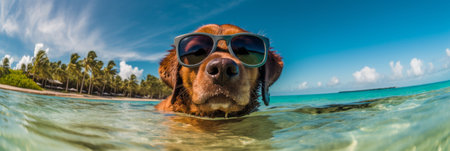 The dog enjoys a summer vacation at a seaside resort, resting on a sunny beach. Generative AIの素材