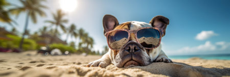 The dog enjoys a summer vacation at a seaside resort, resting on a sunny beach. Generative AIの素材