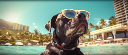 The dog enjoys a summer vacation at a seaside resort, resting on a sunny beach. Generative AIの素材
