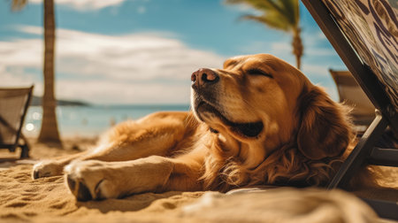 The dog enjoys a summer vacation at a seaside resort, resting on a sunny beach. Generative AIの素材