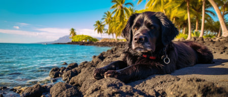 The dog enjoys a summer vacation at a seaside resort, resting on a sunny beach. Generative AIの素材