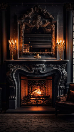 Luxurious house with a cozy fireplace. Generative AIの素材